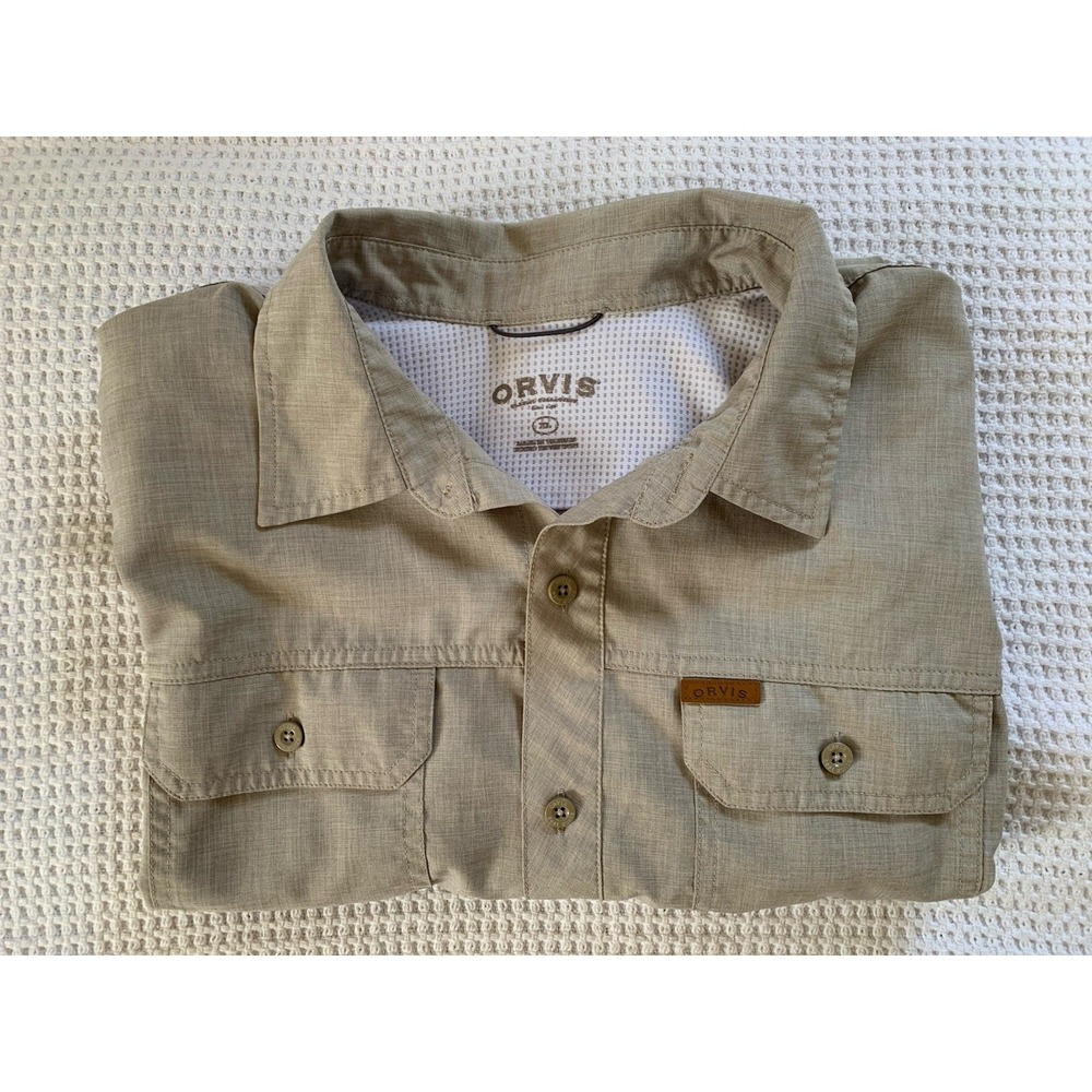 Orvis‎ Mens Beige Short-Sleeve Button-Up Shirt Size XL  100% Polyester